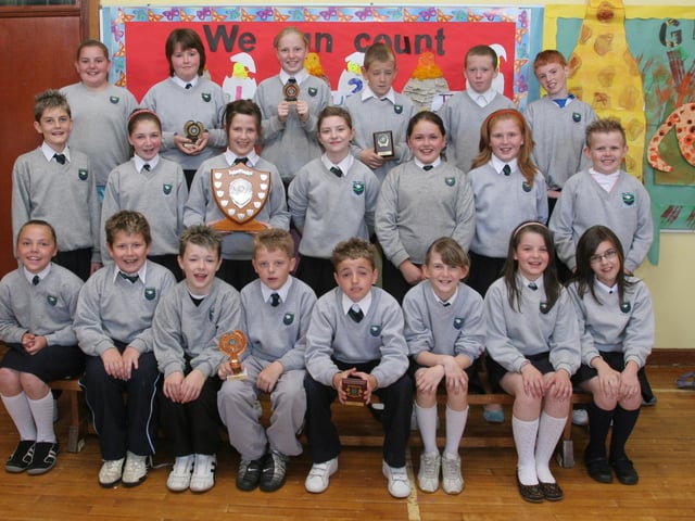 Pupils from Year P7, who received awards and certificates for Efford, Sport and Confirmation Booklets at The Trench Road Primary School's annual prize-giving. (2805T07).