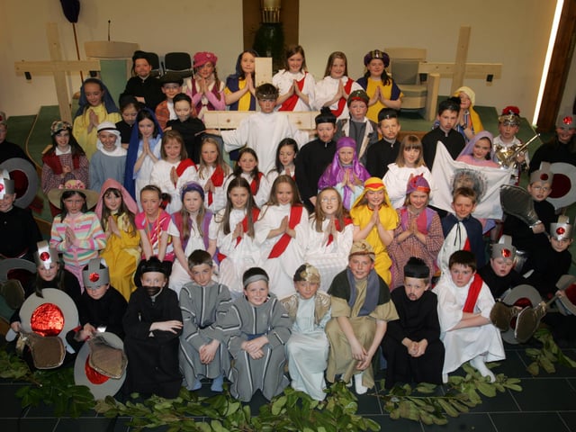 Pupils from Trench Road Primary School, Waterside who took part in the school's Passion Play presentation in the Church of the Immaculate Conception.