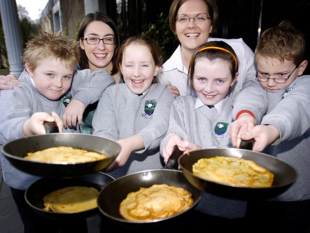 Pupils from trench Road Primary School pictured at the Everglades Hotel where staff helped them celebrate Shrove Tuesday. Included, are pupils, Lee Bonella, Lauren Oakley, Cara Doherty, Denis harland. Also included, are Alison Morris, Business Sales and Mairead Kelly, events co-ordinator. (2102SL02)