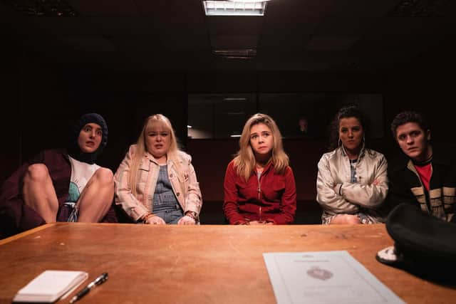 (L-R) Orla Mccool (Louisa Clare Harland), Clare Devlin (Nicola Coughlan), Erin Quinn (Saoirse Monica Jackson),  Michelle Mallon (Jamie - Lee O'Donnell), James Maguire (Dylan Llewellyn)