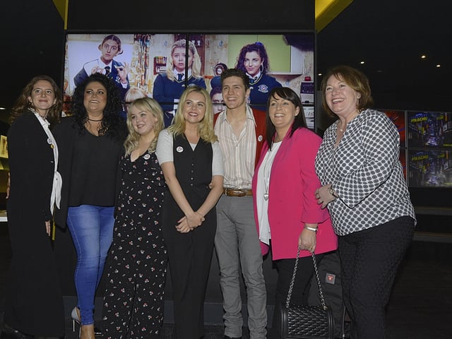 Derry Girls actors Louisa Harland, Nicola Coughlan, Saoirse Jackson and Dylan Llewellyn with friends at the premiere of Derry Girls Two in the Omniplex Cinema, Strand Road, on Monday night last.  DER0819GS-07