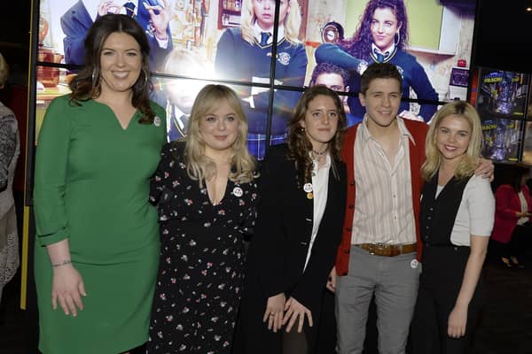 Derry Girls, writer Lisa McGee, on the left, and actors Nicola Coughlan, Louisa Harlandm Dylan Llewellyn and Saoirse Jackson pictured at the Derry Girls premier held in The Omniplex Cinema, Strand Road at the Season 2 premiere back in 2019. DER0819GS-001