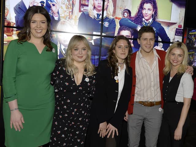 Derry Girls, writer Lisa McGee, on the left, and actors Nicola Coughlan, Louisa Harlandm Dylan Llewellyn and Saoirse Jackson pictured at the Derry Girls premier held in The Omniplex Cinema, Strand Road at the Season 2 premiere back in 2019. DER0819GS-001