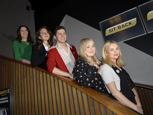 Derry Girls writer Lisa McGee pictured with actors Louisa Harland, Dylan Llewellyn, Nicola Coughlan and Saoirse Jackson at the premiere of Derry Girls Two in the Omniplex Cinema, Strand Road, on Monday night last. DER0819GS-06