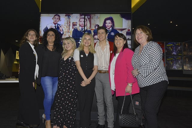 Derry Girls actors Louisa Harland, Nicola Coughlan, Saoirse Jackson and Dylan Llewellyn with friends at the premiere of Derry Girls Two in the Omniplex Cinema, Strand Road, on Monday night last.  DER0819GS-07