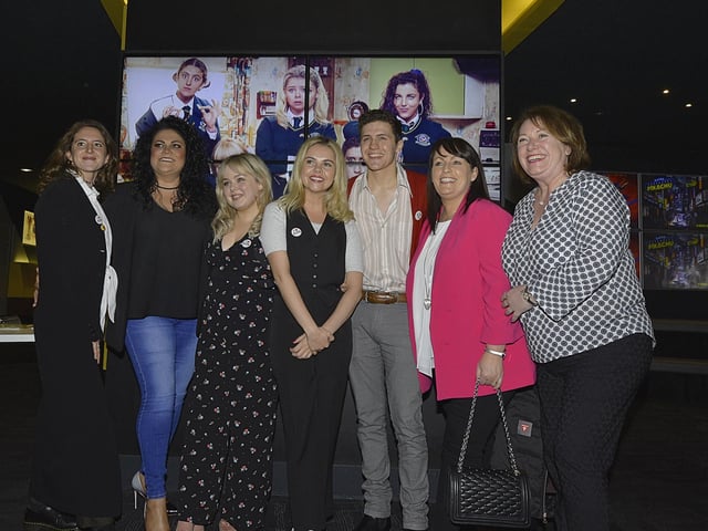 Derry Girls actors Louisa Harland, Nicola Coughlan, Saoirse Jackson and Dylan Llewellyn with friends at the premiere of Derry Girls Two in the Omniplex Cinema, Strand Road, on Monday night last. DER0819GS-07