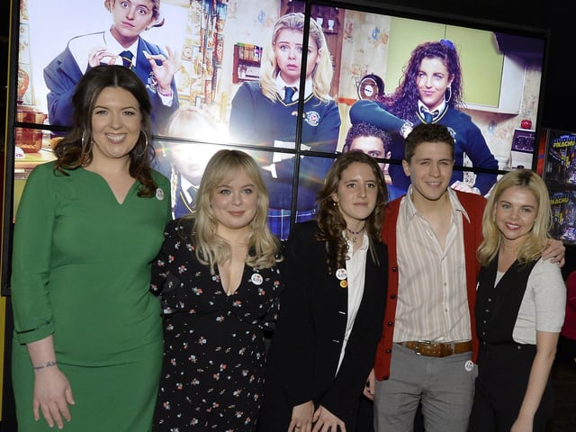 Derry Girls, writer Lisa McGee, on the left, and actors Nicola Coughlan, Louisa Harlandm Dylan Llewellyn and Saoirse Jackson pictured at the Derry Girls premier held in The Omniplex Cinema, Strand Road last night. DER0819GS-001