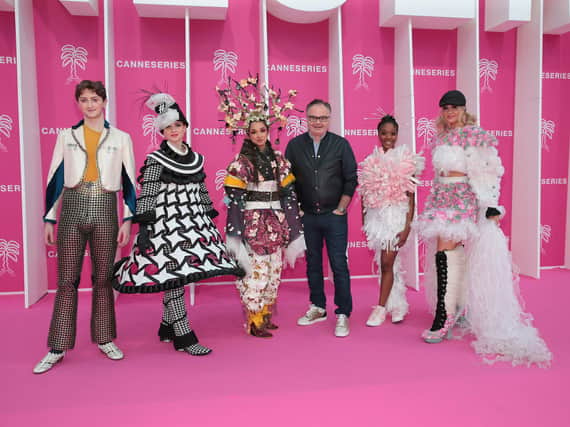 George Houston from Buncrana (far left) modelling 'The Rolling Stone' with fellow Junk Kouture alumni and Junk Kouture CEO Troy Armour.