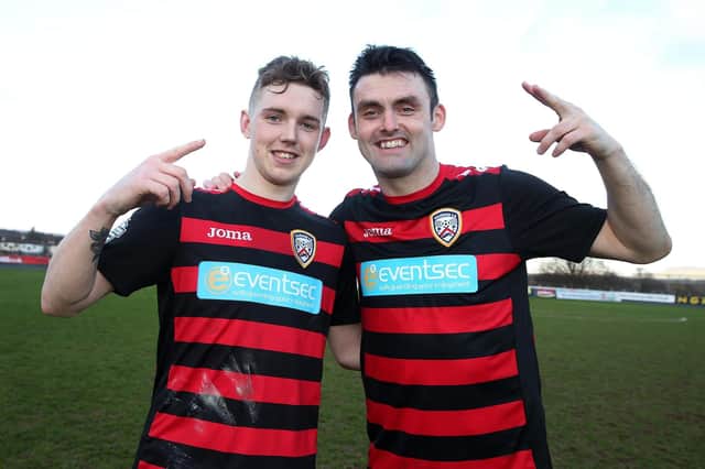 Double goal scorers Jamie McGonigle (left) and Eoin Bradley celebrate after a 4-0 victory over Ballymena United in the Irish Cup quarter final back in 2017.