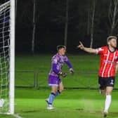 Derry City wingback Ronan Boyce celebrates his goal against UCD at the Belfield on Monday night. Photograph by Kevin Moore.