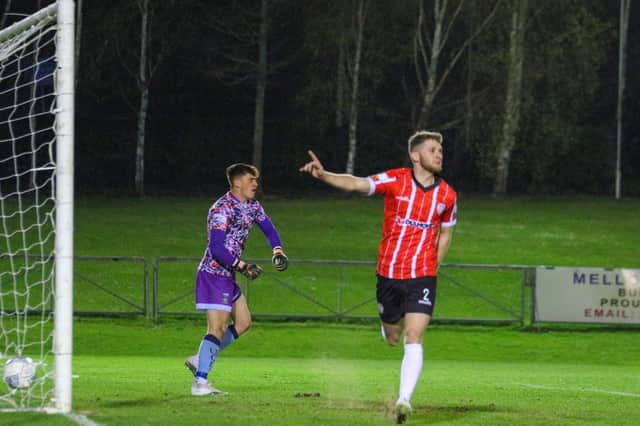Derry City wingback Ronan Boyce celebrates his goal against UCD at the Belfield on Monday night. Photograph by Kevin Moore.