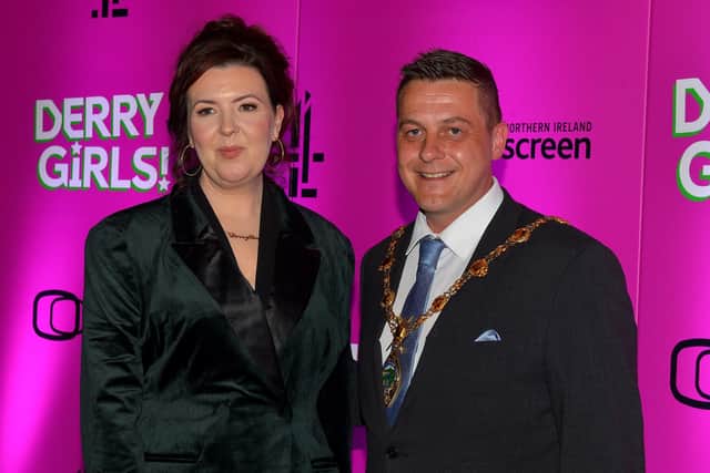 Creator and writer Lisa McGee Mayor Graham Warke at the world premiere screening of Derry Girls season 3 in the Omniplex Cinema on Thursday evening last. Photo: George Sweeney.  DER2214GS – 016