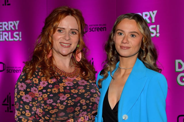 St Cecilia’s teacher Greta McTague and Maria Laird at the world premiere screening of Derry Girls season 3 in the Omniplex Cinema on Thursday evening last. Photo: George Sweeney.  DER2214GS – 015