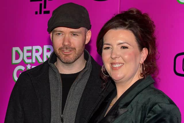 Creator and writer Lisa McGee with director Michael Lennox  at the world premiere screening of Derry Girls season 3 in the Omniplex Cinema on Thursday evening last. Photo: George Sweeney.  DER2214GS – 020