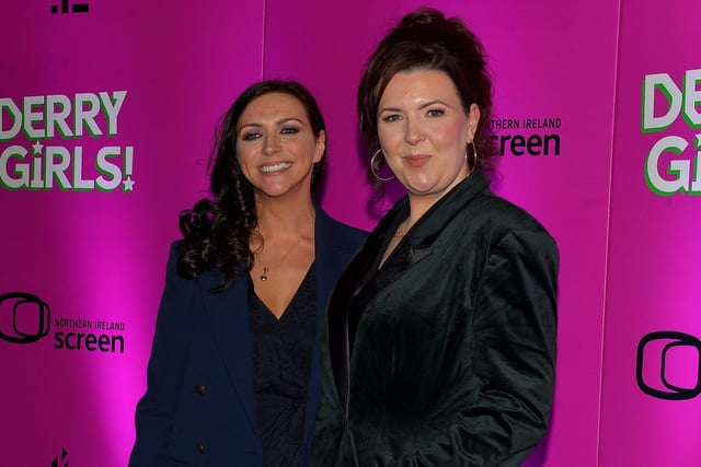 Creator and writer Lisa McGee with cast member Claire Rafferty at the world premiere screening of Derry Girls season 3 in the Omniplex Cinema on Thursday evening last. Photo: George Sweeney.  DER2214GS – 017