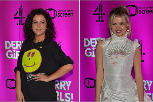 Jamie-Lee O'Donnell and Saoirse Monica Jackson, who play Michelle and Erin in Derry Girls, at the Season 3 premiere.