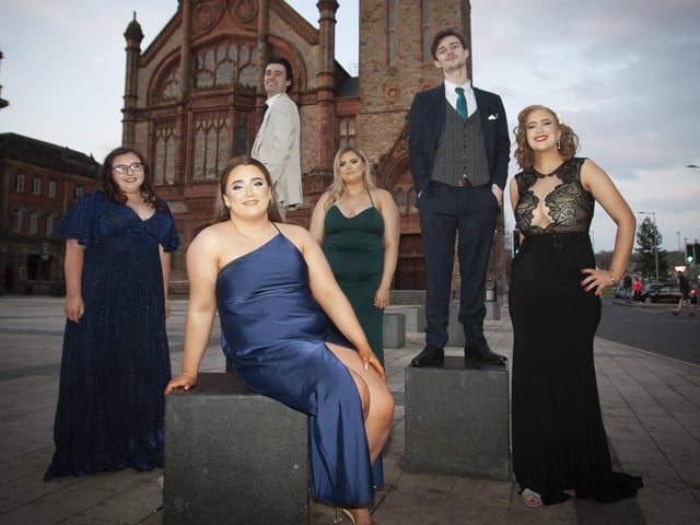 MAGEE FORMAL. . . . . .The Ulster University Res. Life Assistants pictured at the Guildhall Square last week before the Universityâ€TMs (Magee) Annual Formal at the Thirsty Goat, Shipquay Street. From left, Jessica Owens, Beth Rafferty, Ruairi Kelly, Zoe Mulligan, Richard Caldwell and Lauren Aston. (Photos: Jim McCafferty Photography)