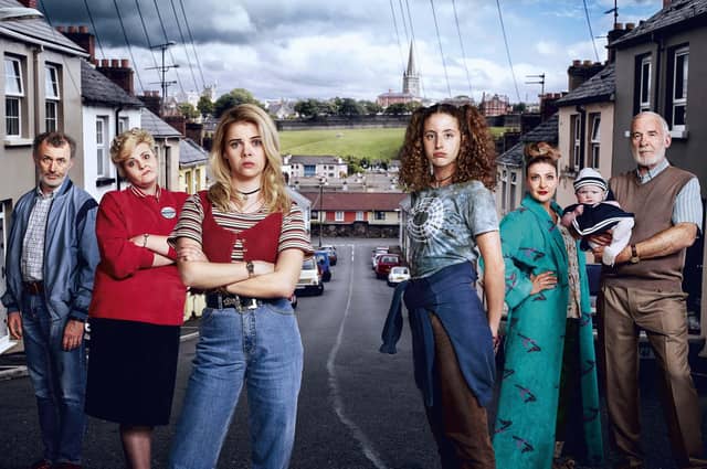l-r: Gerry Quinn (Tommy Tiernan), Mary Quin (Tara O'Neill) Erin Quinn (Sairse Jackson), Orla McCool (Louisa Harland), Sarah McCool (Kathy Clarke) Granda Joe (Ian McElhinney)
