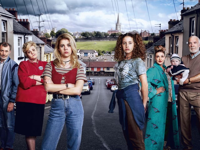 l-r: Gerry Quinn (Tommy Tiernan), Mary Quin (Tara O'Neill) Erin Quinn (Sairse Jackson), Orla McCool (Louisa Harland), Sarah McCool (Kathy Clarke) Granda Joe (Ian McElhinney)