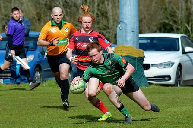 City of Derry’s David Lapsley crosses the whitewash to score a try against Tullamore at Judges Road on Saturday. (Photo: George Sweeney)