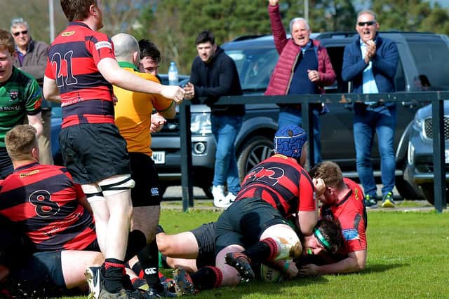 Cathal Cregan scores a try for City of Derry against Tullamore at Judges Road on Saturday. (Photo: George Sweeney)
