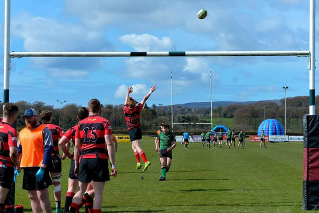 City of Derry‘s Alex McDonnell converts after David Graham’s first half try against on Saturday. (Photo: George Sweeney)