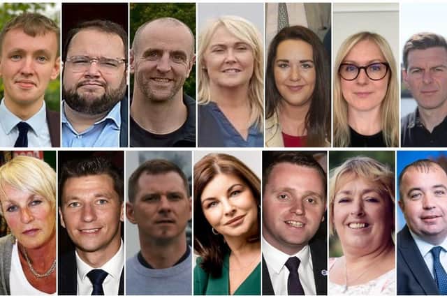 Foyle 2022 Assembly election candidates in alphabetical order: Top row left to right - Padraig Delargy (Sinn Féin), Emmet Doyle (Aontú); Mark H Durkan (SDLP); Ciara Ferguson (Sinn Féin); Rachael Ferguson (Alliance Party); Gillian Hamilton (Green Party); and Shaun Harkin (People Before Profit). Bottom row left to right: - Anne McCloskey (Independent); Ryan McCready (UUP); Colly McLaughlin (IRSP); Sinéad McLaughlin (SDLP); Gary Middleton (DUP); Elizabeth Neely (TUV) and Brian Tierney (SDLP).