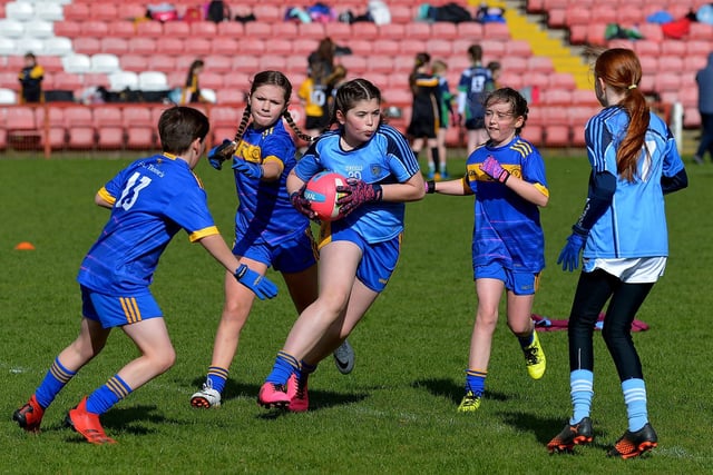 Hollybush in action against St Therese during the Celtic Park Girls’ Primary School Blitz. Photo: George Sweeney.  DER2213GS – 032