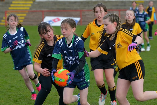 St Patrick’s playing Glendermott during the Celtic Park Girls’ Primary School Blitz. Photo: George Sweeney.  DER2213GS – 033