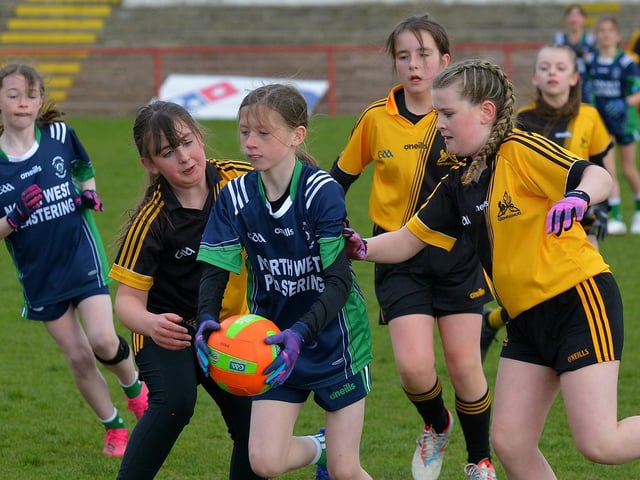 St Patrick’s playing Glendermott during the Celtic Park Girls’ Primary School Blitz. Photo: George Sweeney. DER2213GS – 033