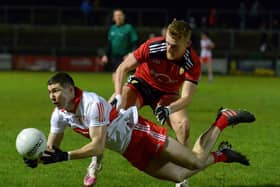 Ciaran McFaul, in action against Down in the first game of this season National League. Derry manager Rory Gallagher has confirmed the Glen playmaker is no longer part of his Oak Leaf panel. (Photo: George Sweeney)