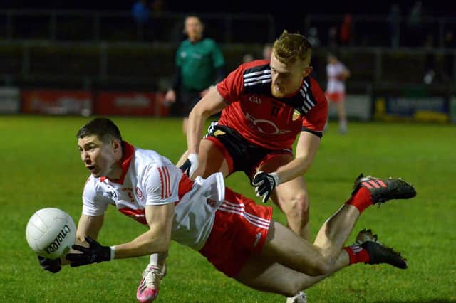 Ciaran McFaul, in action against Down in the first game of this season National League. Derry manager Rory Gallagher has confirmed the Glen playmaker is no longer part of his Oak Leaf panel. (Photo: George Sweeney)