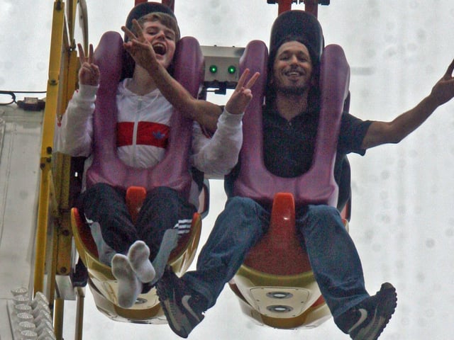 Nathan McLaughlin and Mustapha from Derry on the Big Wheel at Cullen's Amusements on Sunday afternoon. 2707JM17