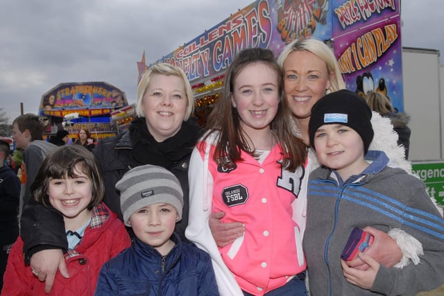 Enjoying their visit to Cullens Easter Funfair at Ebrington Square were, from left, Taylor Hale, Corey Hale, Kelly Simpson, Nicole Donnelly, Julie Donnelly and Kyle Donnelly. INLS1413-157KM