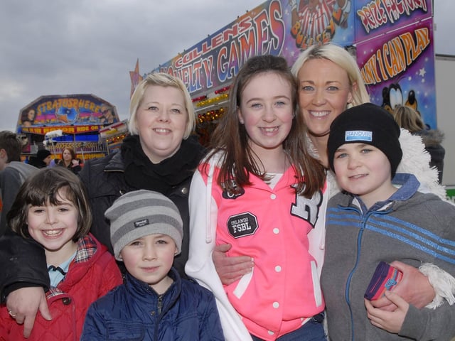 Enjoying their visit to Cullens Easter Funfair at Ebrington Square were, from left, Taylor Hale, Corey Hale, Kelly Simpson, Nicole Donnelly, Julie Donnelly and Kyle Donnelly. INLS1413-157KM