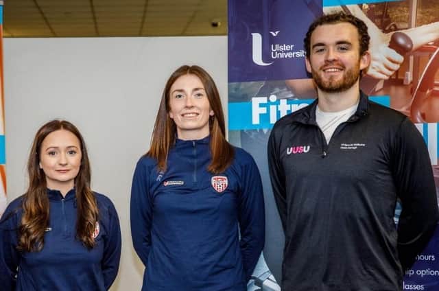 Derry City Women's Eimear Callaghan and Caoimhe Logue, pictured alongside Fintain Darragh, VP Sport & Well-being Officer.
