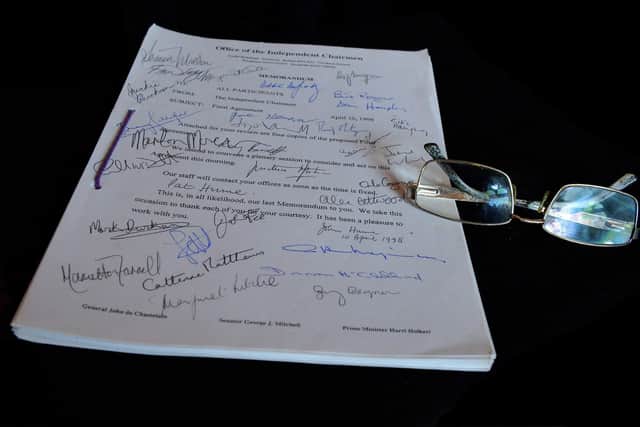 An original signed copy of the Good Friday Agreement and glasses belonging to the late John Hume at the launch of a new musical drama ‘Beyond Belief: The Life and Mission of John Hume’ at the Playhouse on Monday afternoon. Beyond Belief - The Life and Mission of JOHN HUME will premiere on Friday 31st March and close on 7th April 2023- the 25th Anniversary of the Good Friday Agreement. Photo: George Sweeney. DER2215GS – 015