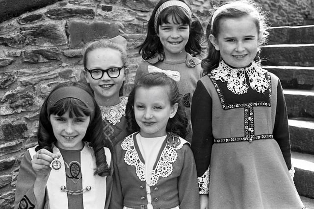 1975... Prizewinners in the opening competition at Feis Doire Colmcille - the double jig (8 to 10 years). From left, the winner, Sharon Queen (Mary Soal School), Geraldine Gallagher (McLaughlin School) and Caroline McLaughlin (Barrett School), who tied for second place, and Mairead Drummond (O'More School) and Brendan Donaghy (Barrett School), who tied for third place.