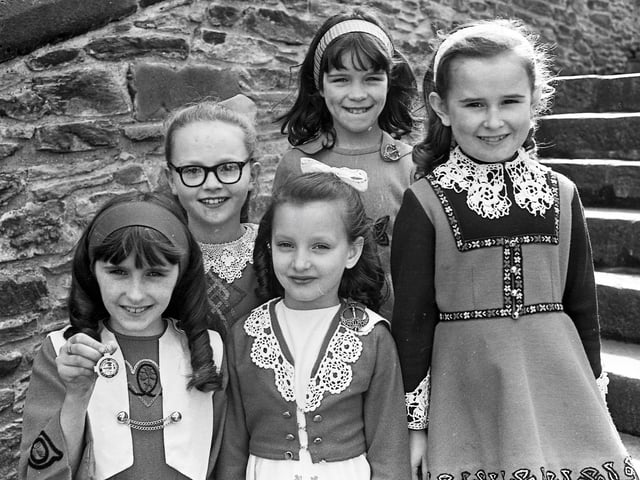 1975... Prizewinners in the opening competition at Feis Doire Colmcille - the double jig (8 to 10 years). From left, the winner, Sharon Queen (Mary Soal School), Geraldine Gallagher (McLaughlin School) and Caroline McLaughlin (Barrett School), who tied for second place, and Mairead Drummond (O'More School) and Brendan Donaghy (Barrett School), who tied for third place.