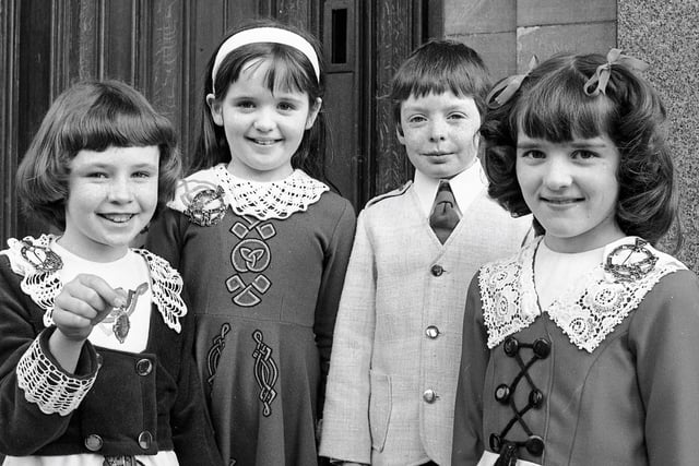 1977... Martina Mullan, Kerrigan School, Omagh, on left, winner of the reel or slip jig (under 9), pictured with the other prizewinners in the competition at Feis Doire Colmcille. On right is the runner-up Patricia Melaugh, St Oran's School, Waterside, and, in centre, are Siobhan McQuaid, Kerrigan School, and Kieran Carlin, Rogers' School, Castlederg, who tied for third place.