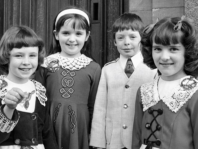 1977... Martina Mullan, Kerrigan School, Omagh, on left, winner of the reel or slip jig (under 9), pictured with the other prizewinners in the competition at Feis Doire Colmcille. On right is the runner-up Patricia Melaugh, St Oran's School, Waterside, and, in centre, are Siobhan McQuaid, Kerrigan School, and Kieran Carlin, Rogers' School, Castlederg, who tied for third place.