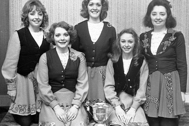 1977... Members of the Henderson family, Derry, joint winners of the Family Group Dance Competition at the Feis. From left are Kay, Rosemary, Philomena, Deirdre and Pat.