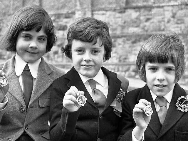1975... Prizewinners in the boys' (8-10 years) double jig. On right is the winner, Colm Colhoun (McLaughlin School); in centre, Ciaran McGuigan (Kerrigan School, Omagh, who was second; and, on left, Liam Averill (McGuigan School, Maghera), who was third.