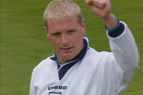 Paul Gascoigne celebrating his penalty versus Spain at Euro 96