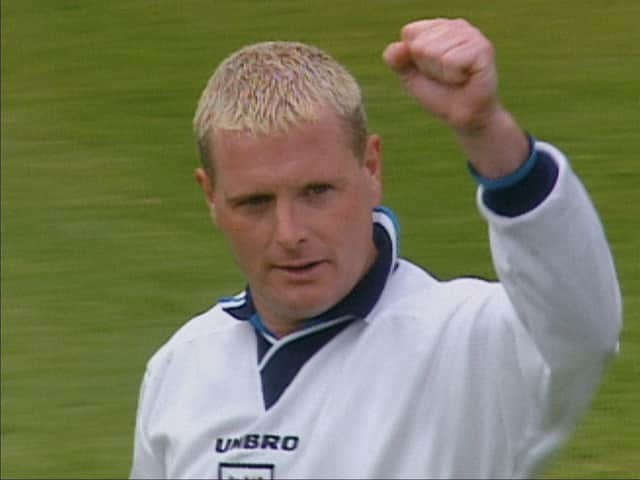 Paul Gascoigne celebrating his penalty versus Spain at Euro 96