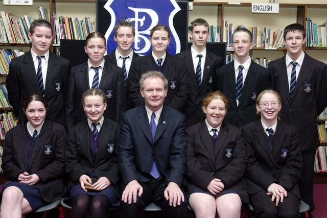 Education Minister Martin McGuinness pictured with Year 12 prizewinners. Front, from left, are Louise Moore, Aisling Duddy, Lynsay Doherty and Emma Melaugh. Back, from left, are Colin Kelly, Nicola Duddy, Mark O'Doherty, Victoria McMonagle, Mark Atkins, Mark Buckley and Chris Hicks. (1/12/CD18)