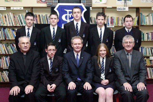 Martin McGuinness, Minister for Education, Fr. Aidan Mullan, P.P., Waterside, and Mr. Paul Molloy, principal, pictured with Year 11 prizewinners. Included at front are Mark Kelly and Roisin Chambers. Back, from left, are Conor Griffith, Cloin Mitchell, Alan Ogilby, Sean Keddy and Conor McLaughlin. (1/12/CD17)