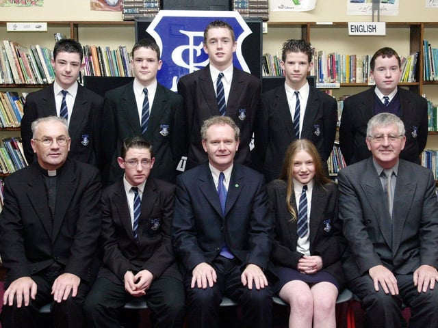 Martin McGuinness, Minister for Education, Fr. Aidan Mullan, P.P., Waterside, and Mr. Paul Molloy, principal, pictured with Year 11 prizewinners. Included at front are Mark Kelly and Roisin Chambers. Back, from left, are Conor Griffith, Cloin Mitchell, Alan Ogilby, Sean Keddy and Conor McLaughlin. (1/12/CD17)