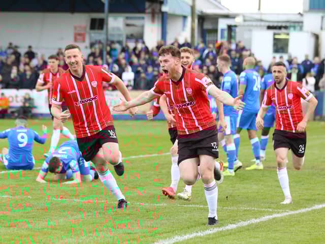 Cameron McJannet celebrates his goal in the North West Derby with Finn Harps at the weekend. Photograph by Kevin Moore.