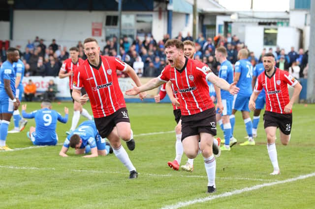 Cameron McJannet celebrates his goal in the North West Derby with Finn Harps at the weekend. Photograph by Kevin Moore.